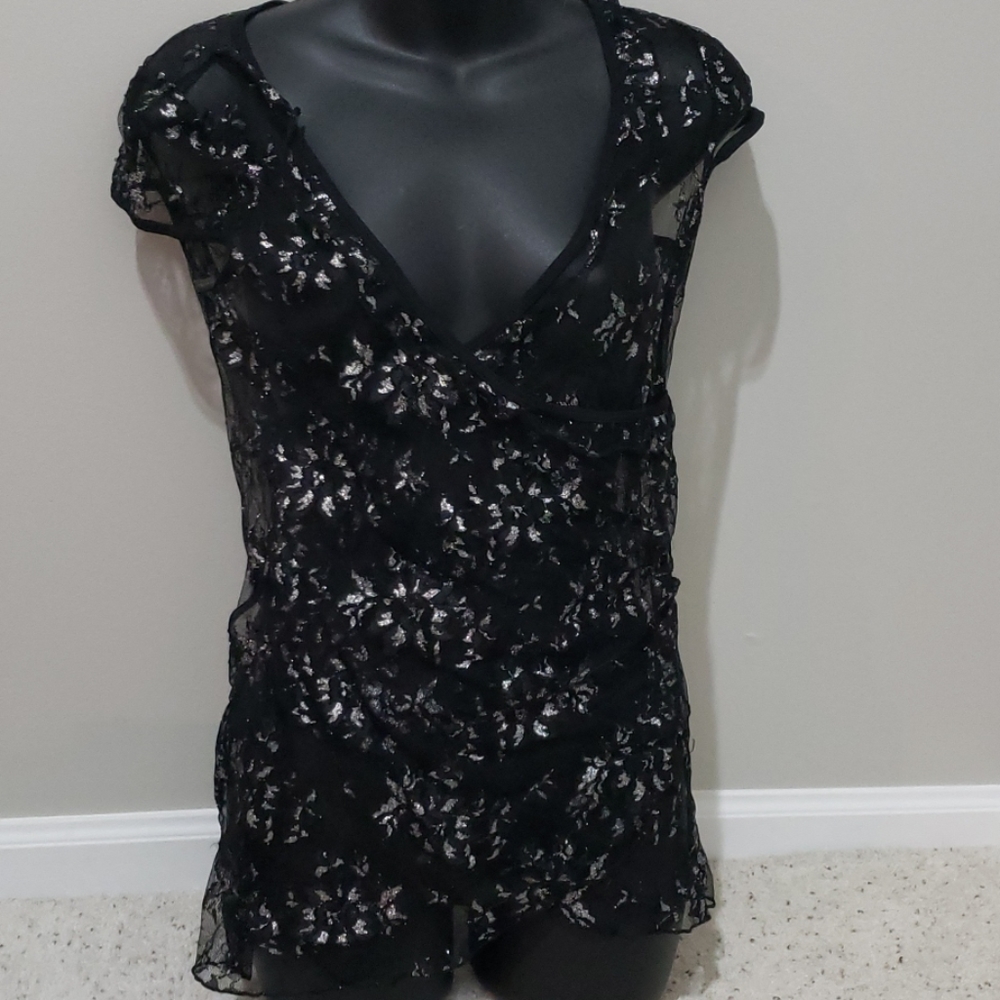 Black & Silver Lace Cap Sleeve Top